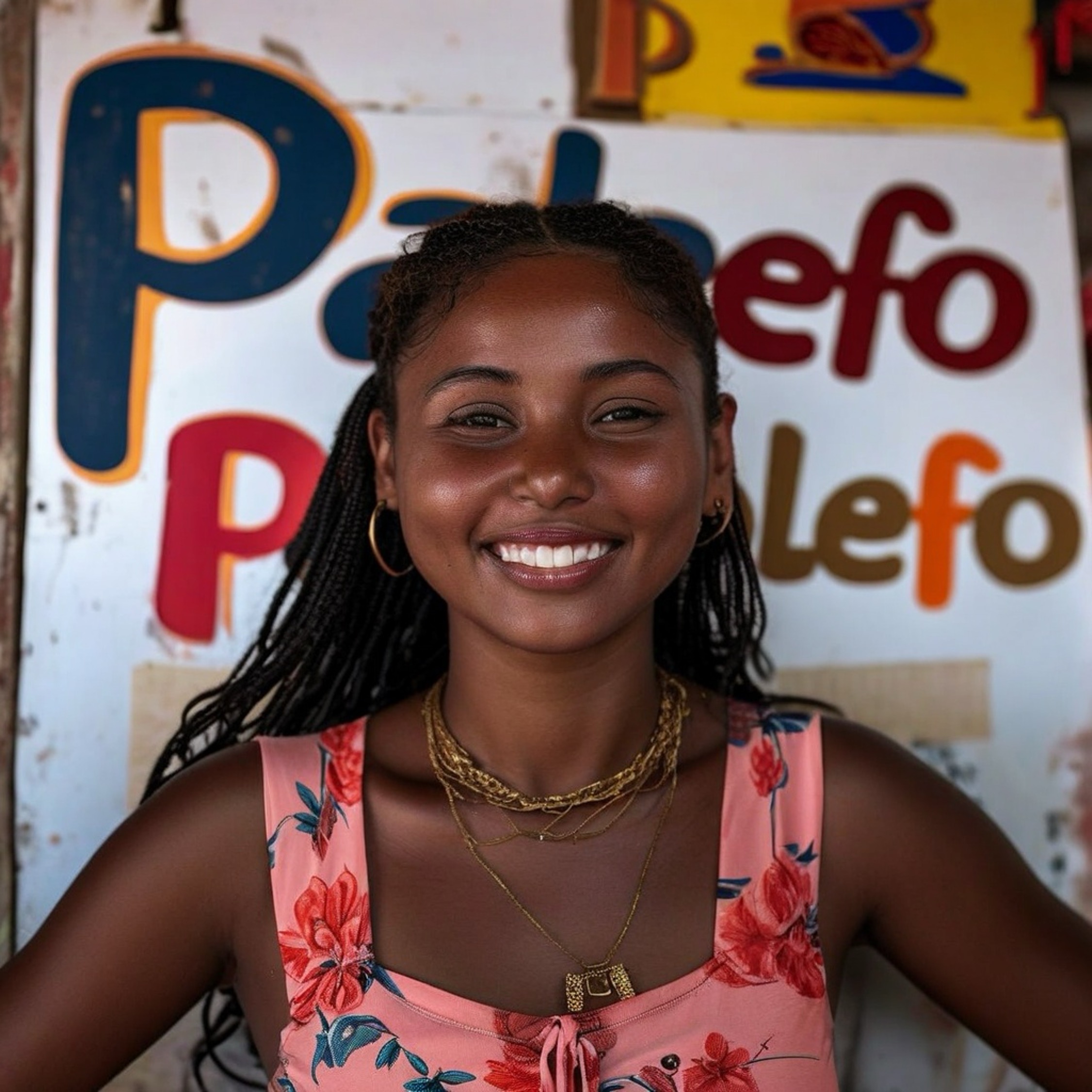 Young Haitian woman smiling in front of a Palef&ograve; sign
